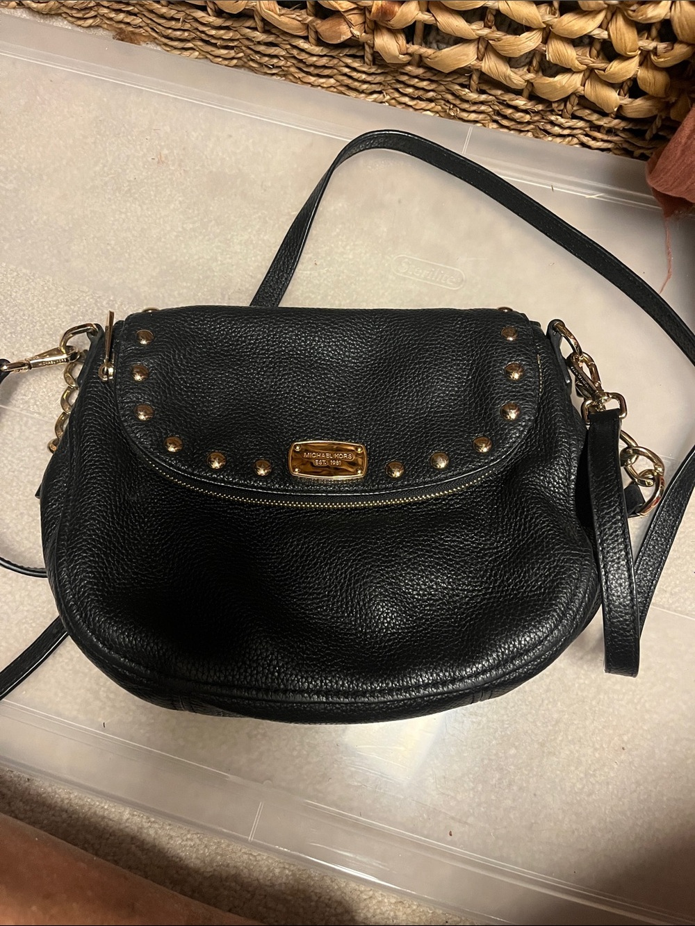 Michael Kors Black Pebbled Leather Crossbody with Gold Stud Accents